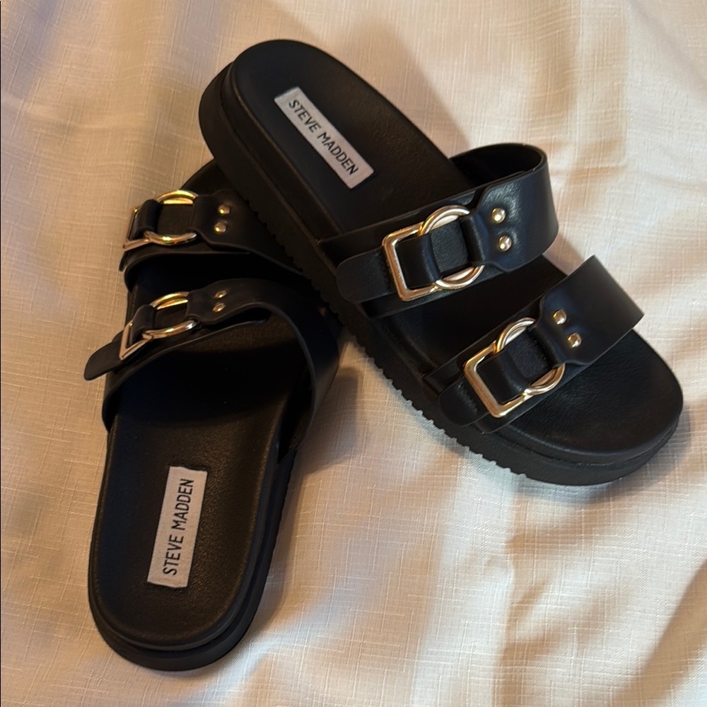 Steve Madden Black Double Buckle Slides
